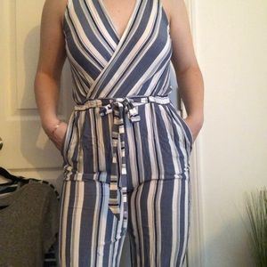Blue and white striped jumpsuit